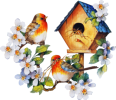 Birds, birdhouse, flowers