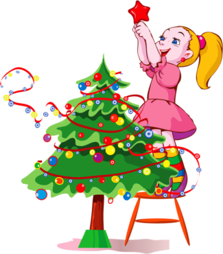A girl dresses up a Christmas tree