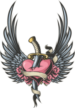 Tattoo of a heart with a dagger and wings